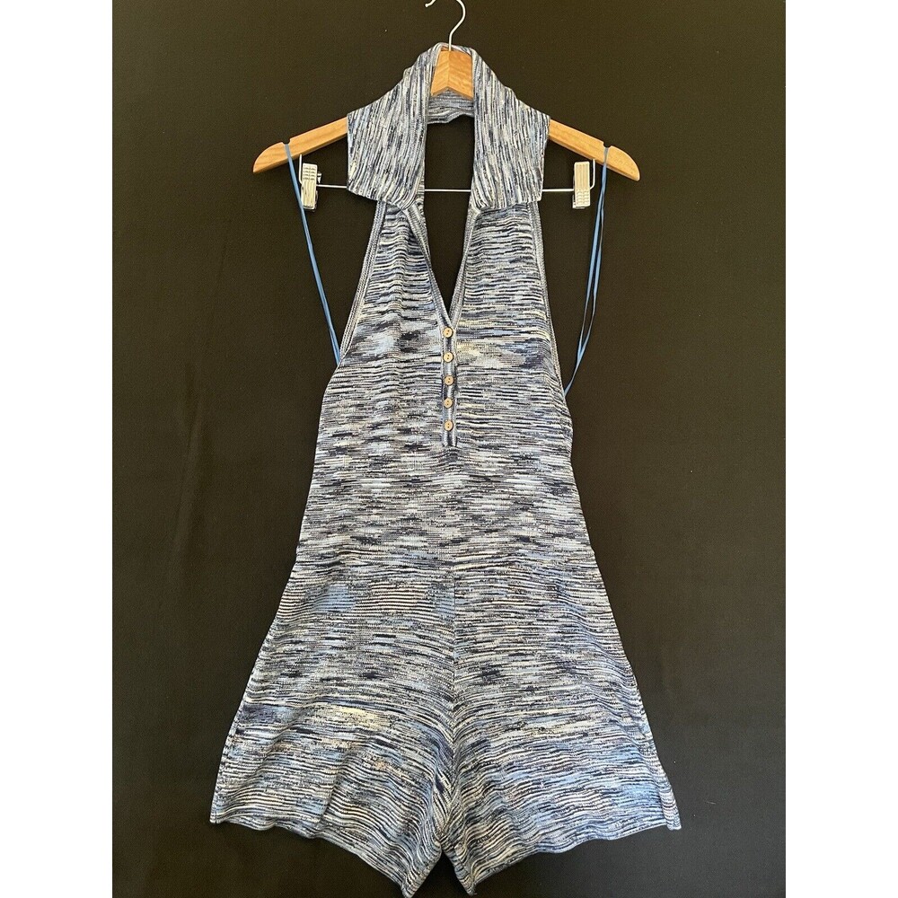 Free People Summer Nights One-Piece Knit Romper Halter Size S Blue NWOT